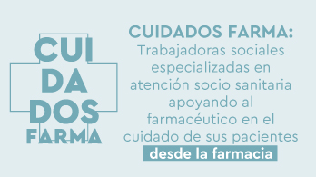 Banner Cuidados Farma: trabajadoras sociales especializadas en atención socio sanitaria apoyando al farmacéutico en el cuidado de sus pacientes.