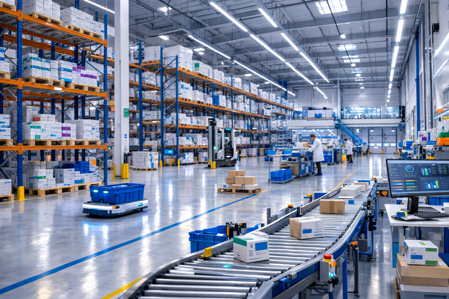 Interior de un almacén farmacéutico moderno con estanterías industriales, cintas transportadoras automatizadas y personal gestionando operaciones logísticas.
