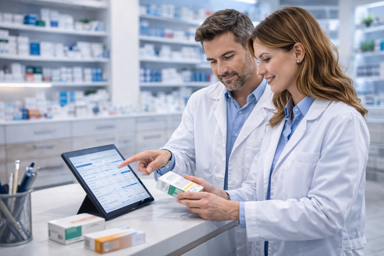 Farmacéutico y farmacéutica revisando datos de inventario en una tablet mientras sostienen envases de medicamentos en una farmacia moderna.