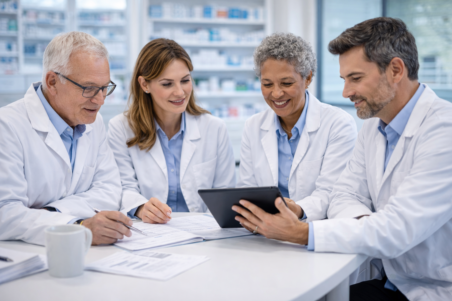 Equipo diverso de farmacéuticos revisando documentos y una tablet en una reunión profesional dentro de una farmacia moderna.