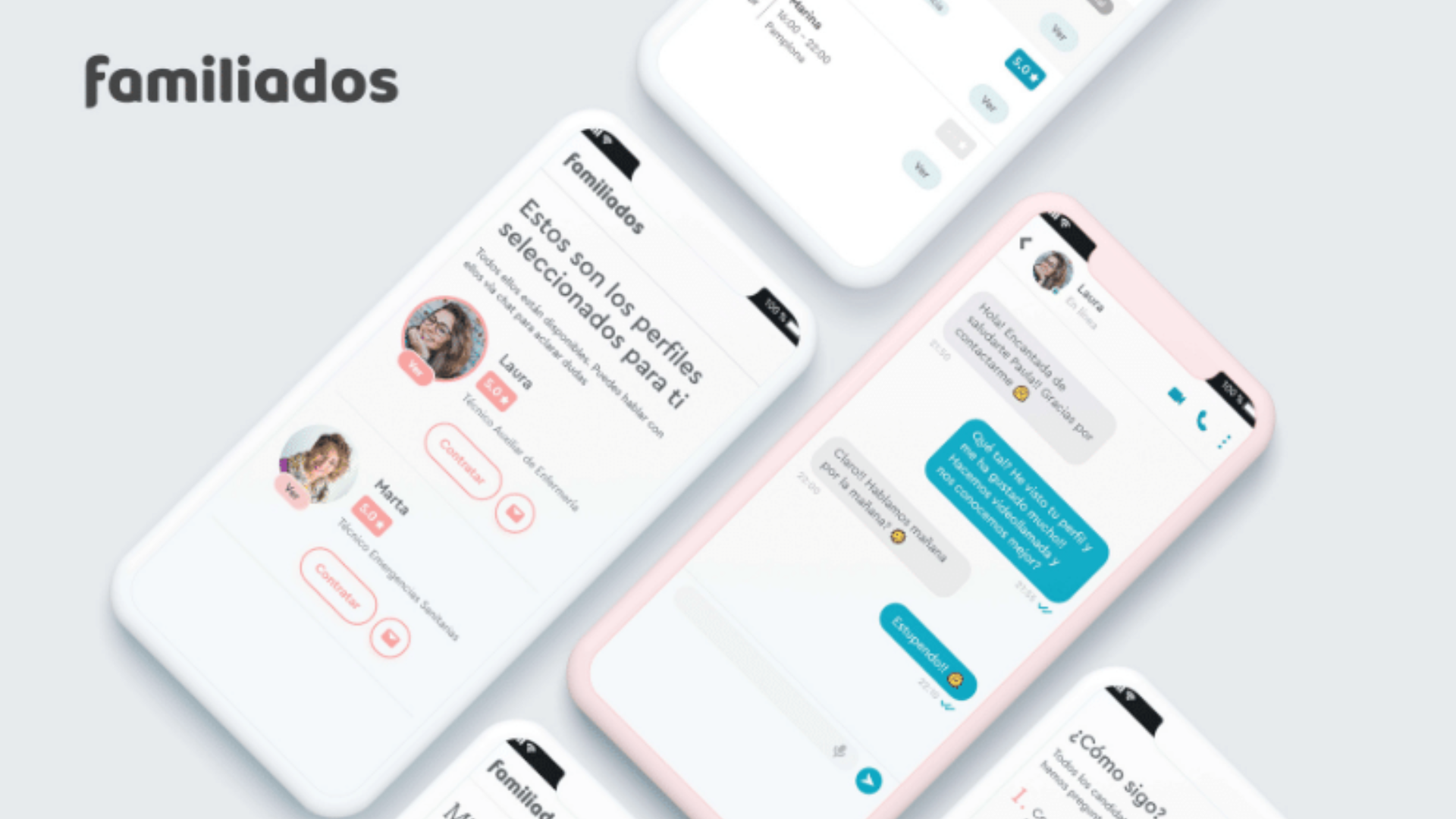 Interfaz de la App Familiados mostrando la selección de perfiles de cuidadores, el sistema de mensajería y el proceso digital de contacto entre familias y profesionales.