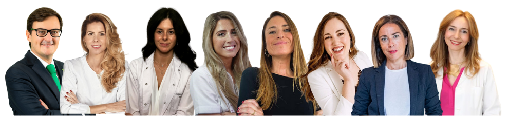 Retrato grupal de los ponentes de Dermo&Trends 2023 —Tomás Muret, Virginia Barrau, Sonia Peña, María Pérez Maldonado, Claudia Beitia, Blanca Llácer, Miriam Capel y Carmen Fernández—, referentes nacionales en dermocosmética, nutrición, comunicación digital y tendencias en farmacia.